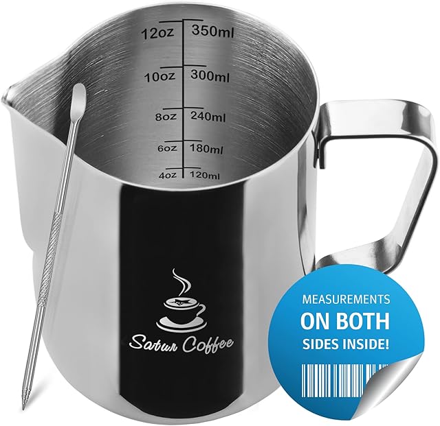 Milk Jug 350ml - Milk Frother Jug 350 600 900 ml - Measurements on Both Sides Plus eBook - Milk Frothing Jug Barista Milk Pitcher Stainless Steel Jug Latte Cup Milk Frothing Pitchers 12 20 30oz