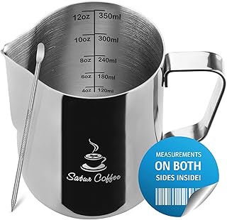 Milk Frothing Pitcher 12oz 350ml - Milk Jug 12 20 30oz - Measurements on Both Sides Inside Plus eBook - Stainless Steel Milk Frother Pitcher Espresso Cappuccino Coffee Latte Art Cup Steaming Pitcher