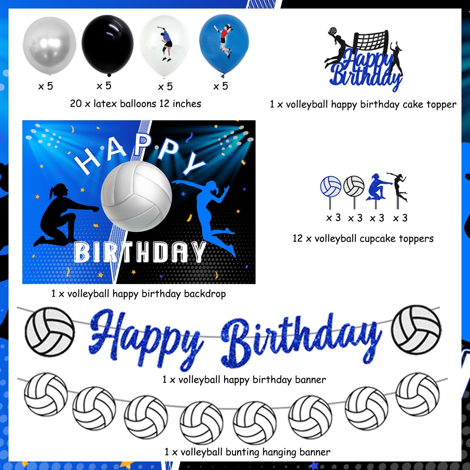 Decoraciones de fiesta de voleibol, 38 piezas temáticas deportivas, suministros de fiesta de cumpleaños, pancarta de voleibol, telón de fondo de voleibol, decoración de pasteles
