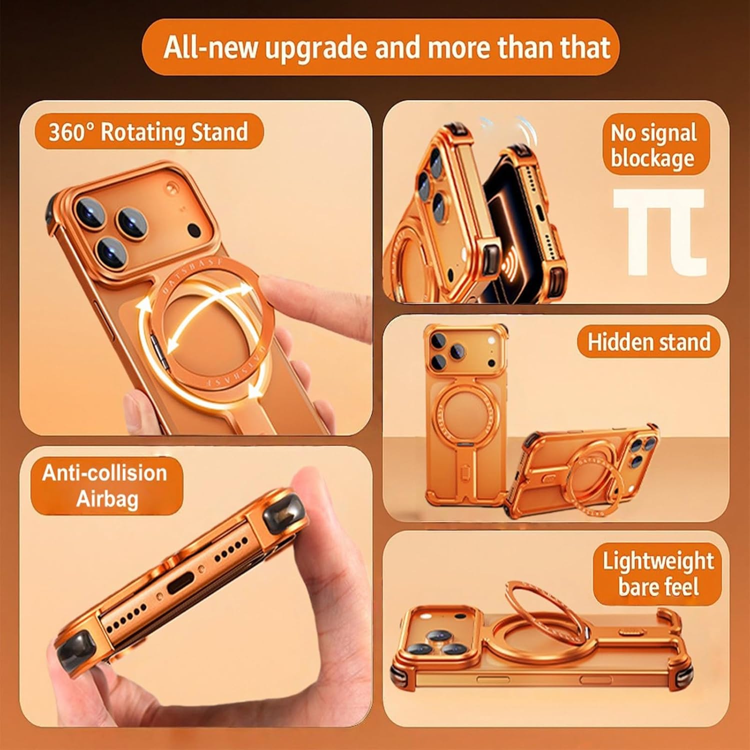 Metal Skeleton Case for iPhone 17 Pro / 17 Pro Max, Frameless Aluminum Bumper with 360° Rotating Ring Stand, Slim Shockproof Corners, Compatible with MagSafe(Titanium,17 Pro Max)