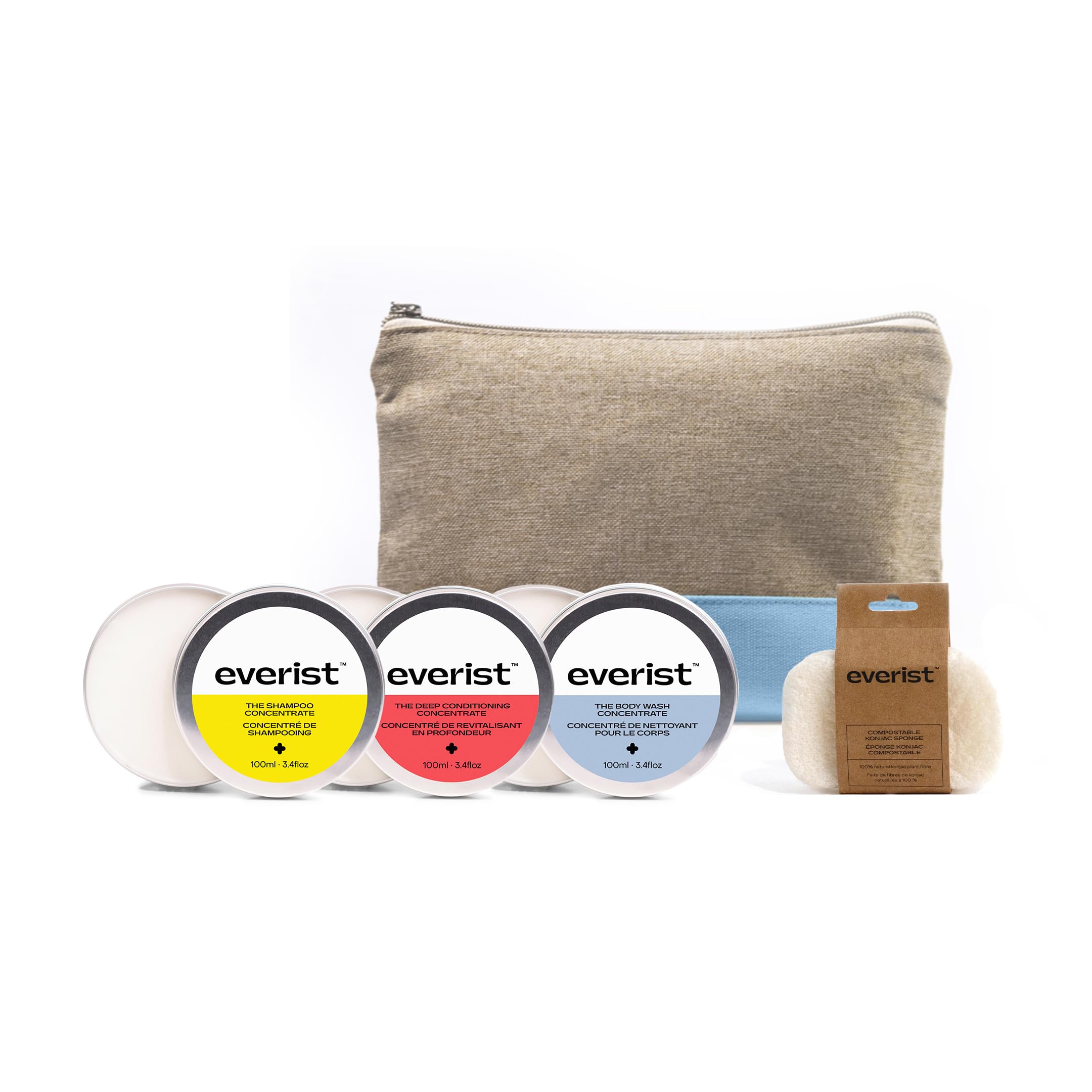 Everist The Complete Shower Kit, Strengthens & Repairs Hair, Deep Hydration & Smoothing, Shampoo, Deep Conditioner & Body Wash Concentrates, Compostable Konjac Sponge, 3.4 fl oz, Tins