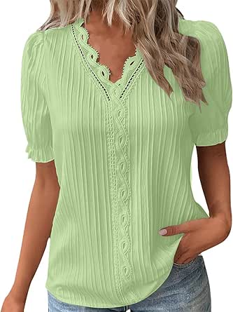 Charella Tops For Women Trendy Cross V Neck Petal Short Sleeve Pleated Flowy Shirts Casual Gradient Color Basic Tee M Navy