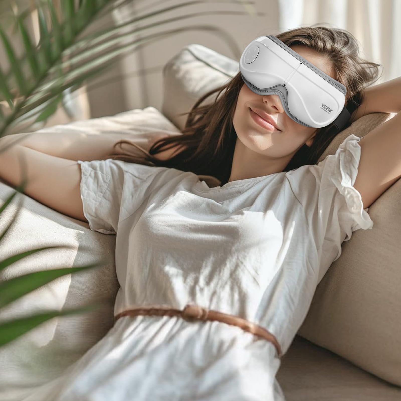 VEVOR Masajeador de Ojos Plegable con Calor y Control Remoto, con 5 Modos y Música Bluetooth, 180° para Fatiga Visual, Ojos Secos, Ojeras, Regalo Ideal para Mamá/Papá, Blanco, 208 x 40 x 99 mm