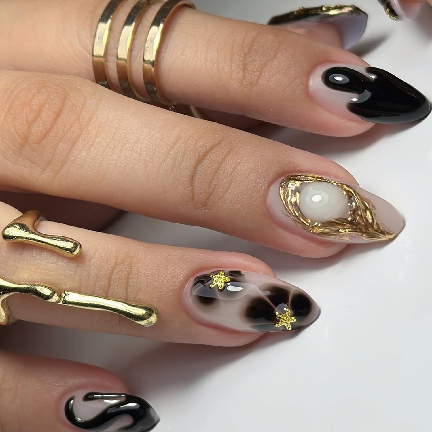 BSBTBZ Flowers Glam Almond Shaped ABS/Acrylic Full Cover Nails 24Pcs with 3D Metal Star Charms Designs, Black White Flower, Gold Irregular Stripes,