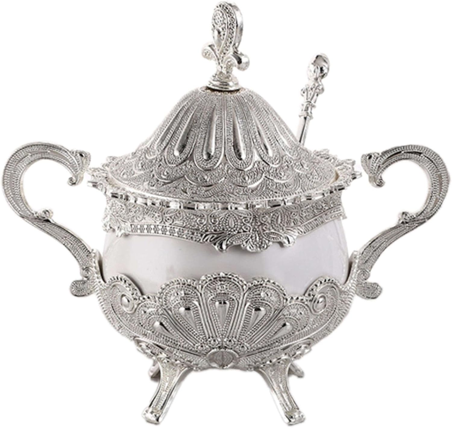 MaikOn Ceramic Sugar Bowl, Sugar Bowl with Lid and Spoon, Metal Relief Glass Spice Jar, Candy Holder, Metal Decorative Bowl -Gold-Ceramic (Color : Silver, Size : Ceramic)