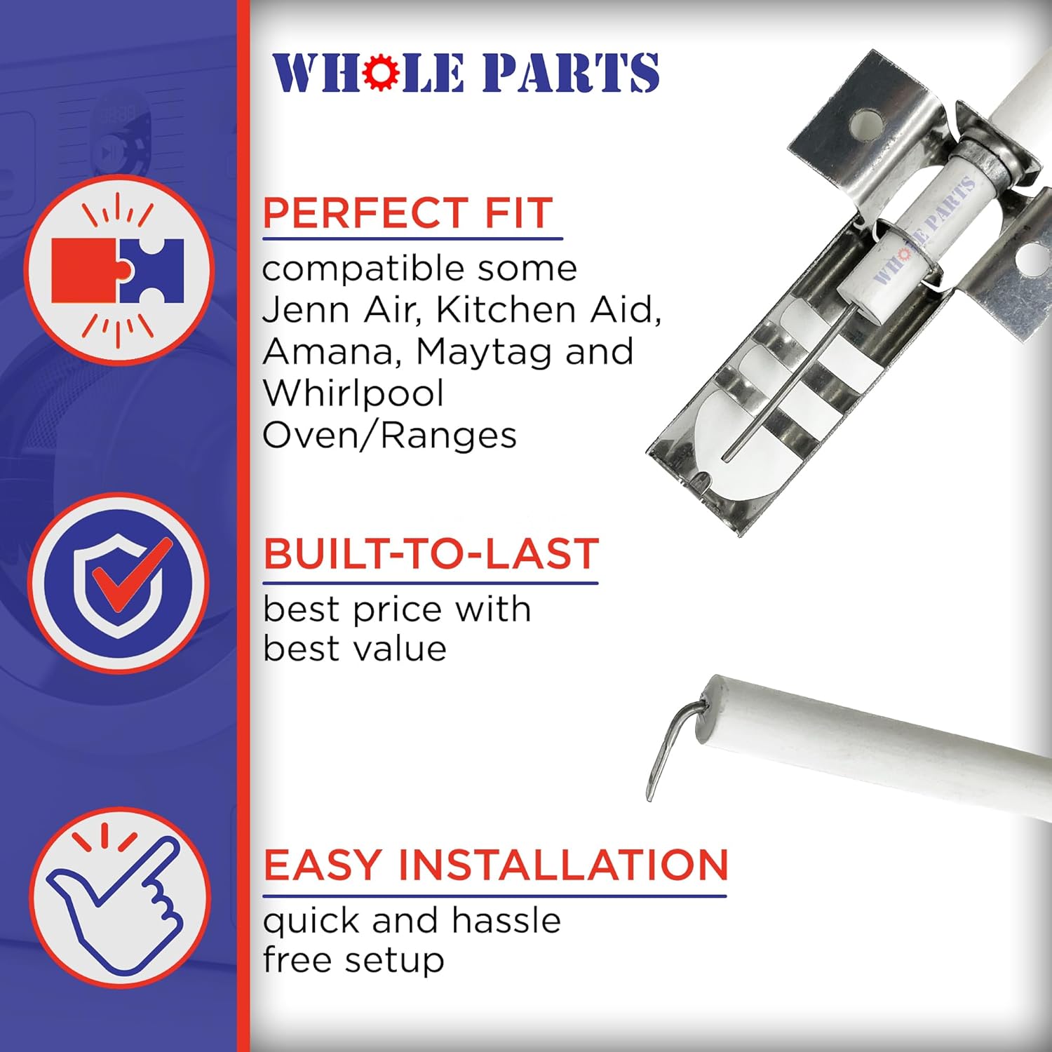 Upgraded Whole Parts Range Bake or Broil Spark Electrode Part# W10333842- Replacement & Compatible with Some Jenn Air, Kitchen Aid, Amana, Maytag and Whirlpool Ranges
