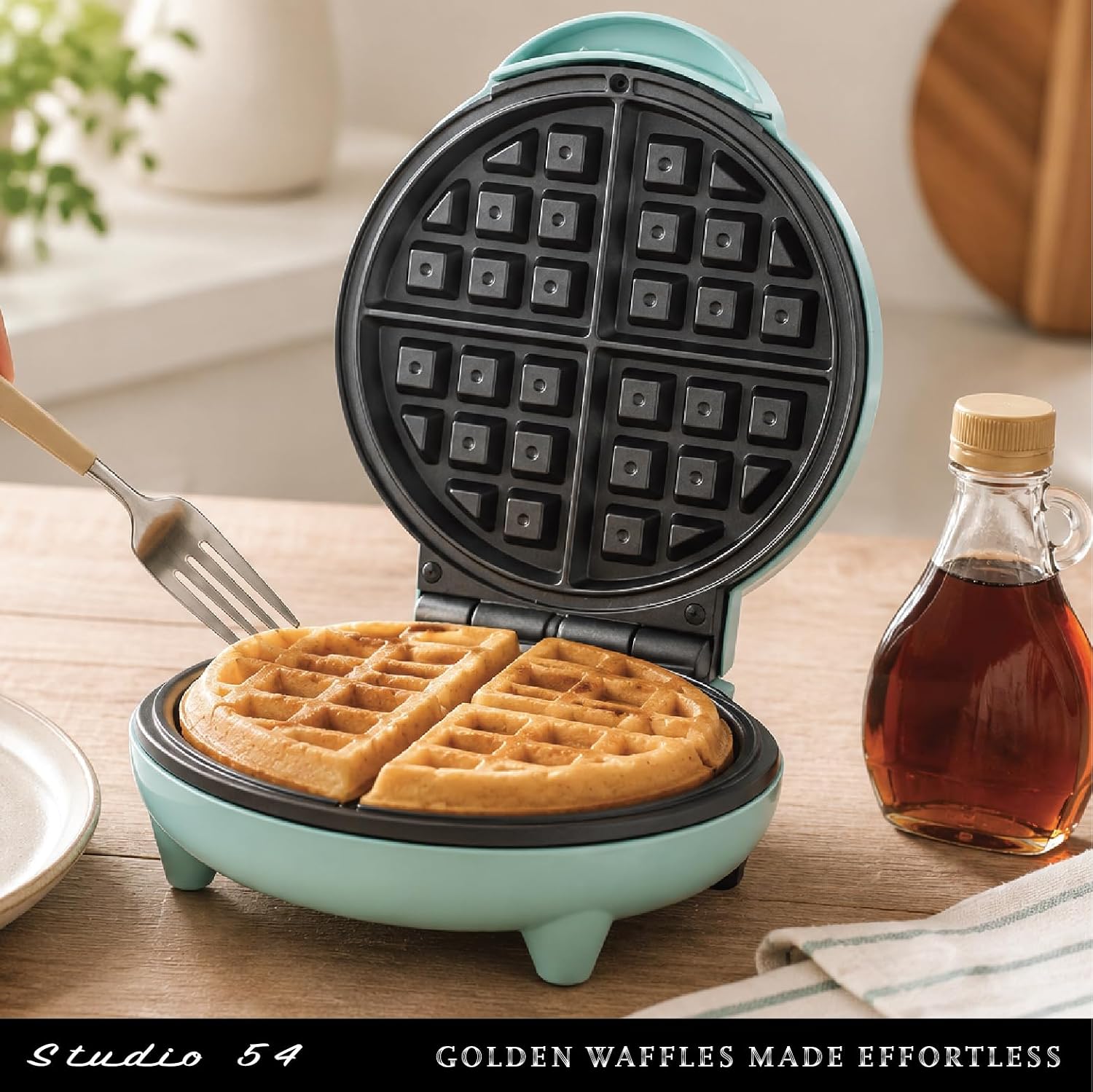 Waffle Maker, 7 Inch Nonstick Electric Waffle Maker, Compact Waffle Iron, Belgian Style Waffles, 750W Fast Heating, Easy Breakfast Maker, Crispy Golden Waffles, Cool Touch Handle, Blue