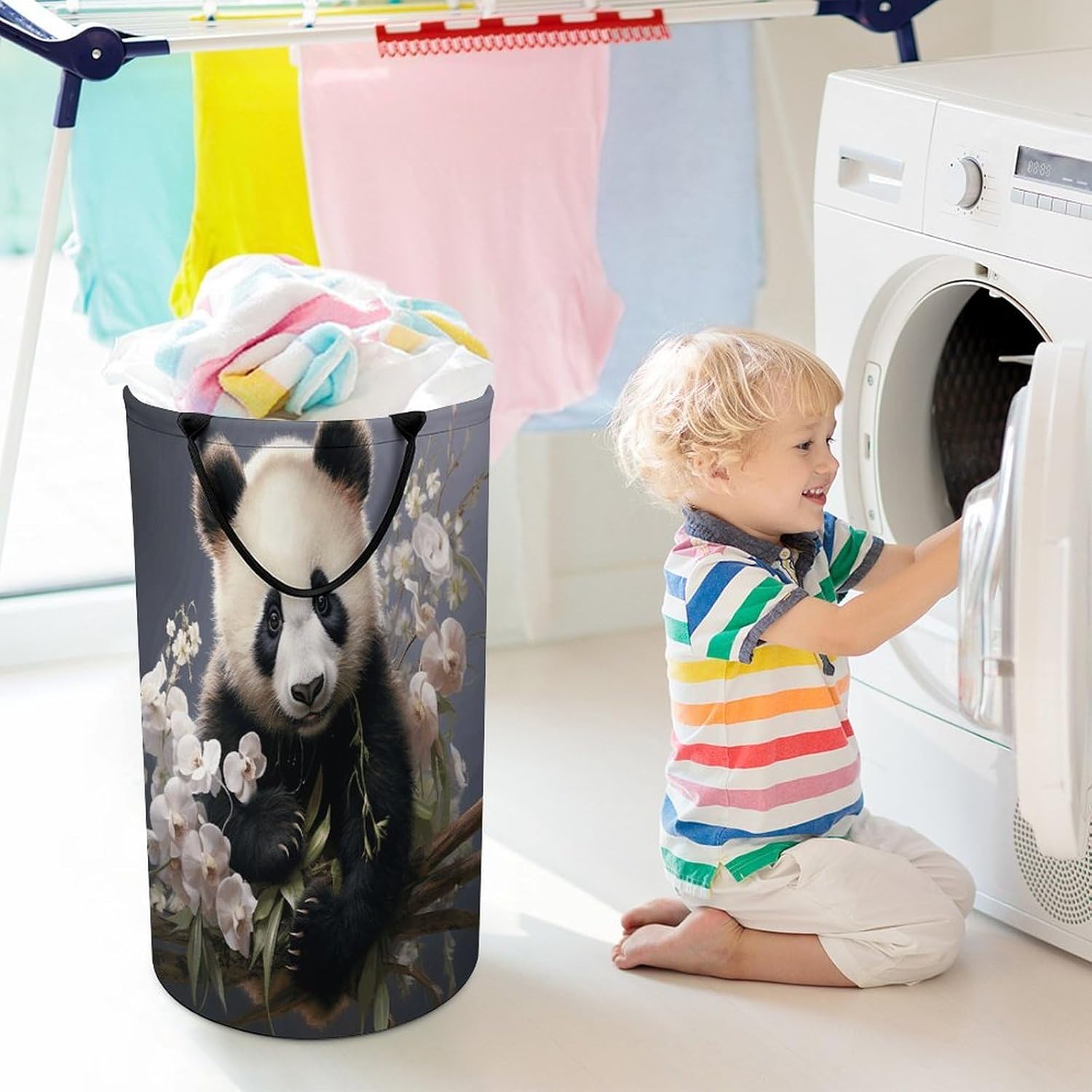 Panda with Flower Laundry Hamper Large Collapsible Laundry Basket with Handles Waterproof Clothes Hamper Portable Dirty Clothes Basket for Bedroom Laundry Room Closet Bathroom