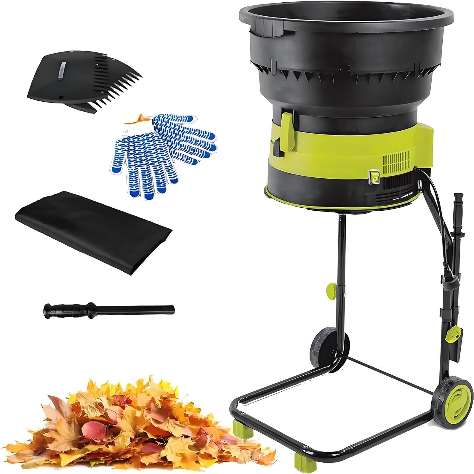 Trituradora eléctrica de hojas con ruedas y bolsa de almacenamiento, trituradora de jardín sin aspas de 2500 W, tolva de 54 cm de ancho para compostaje y desechos de jardín