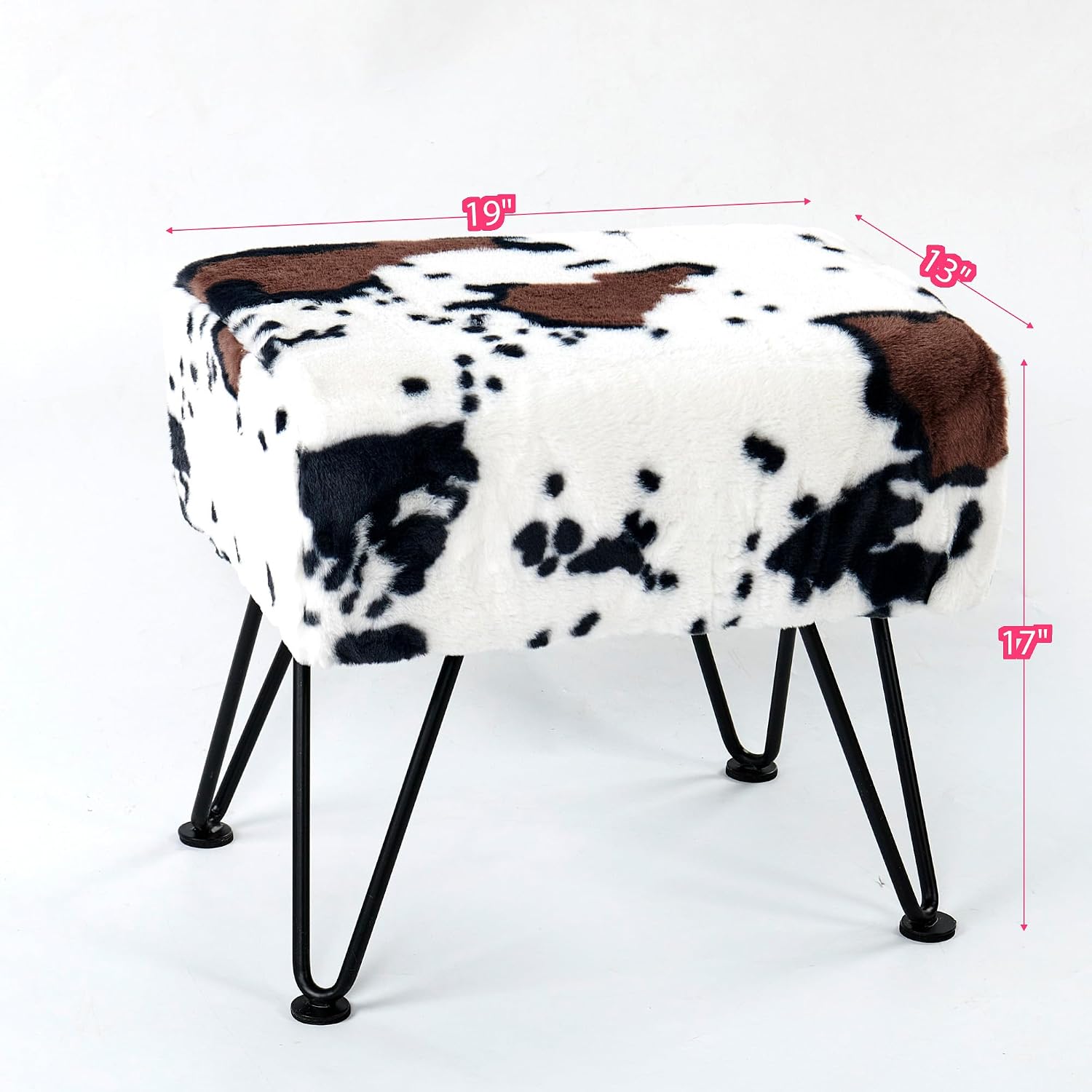 HESTIN 19"x13"x17" Cow Print Ottoman - Rectangle Footstool Pouf for Living Room, Bed Footrest, Makeup Seat - Polyester Accent Stool with Black Legs