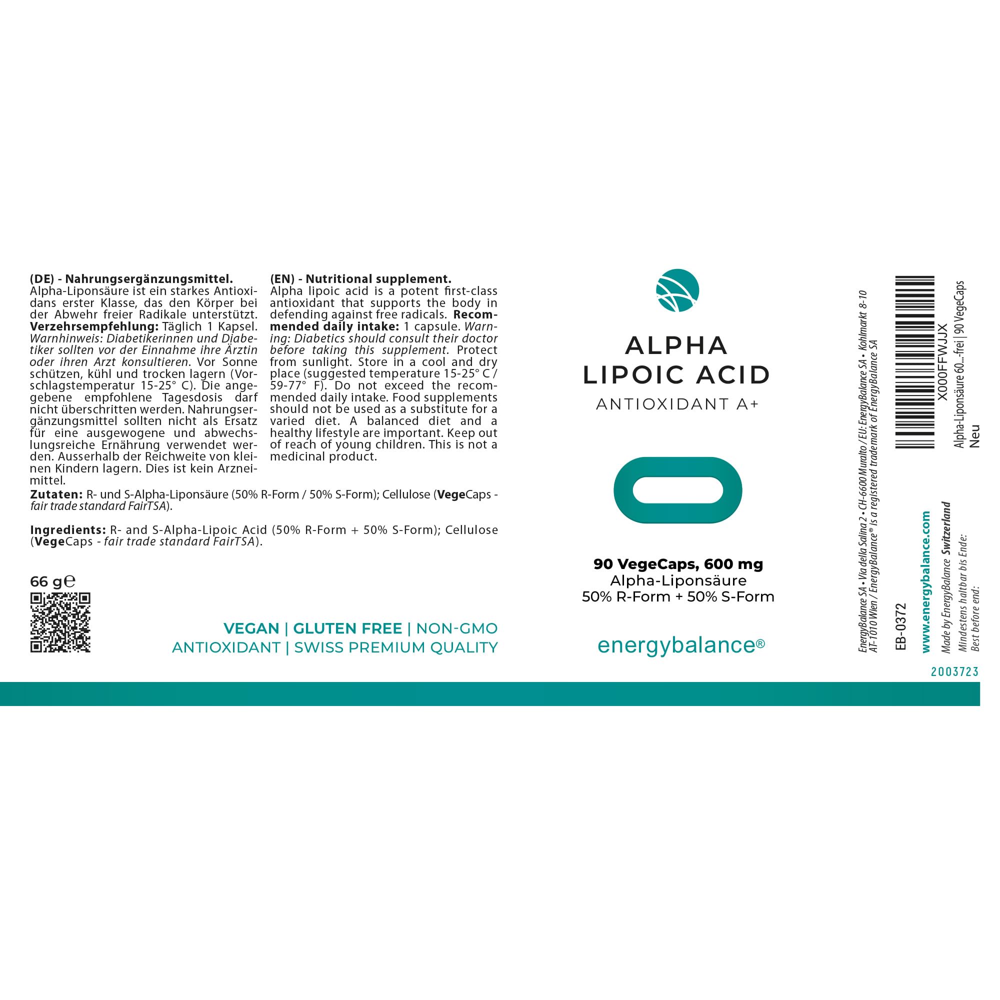 EnergyBalance Alpha-Liponsäure - Kapseln mit Antioxidantien - Thioctsäure - für Vegetarier - Vegan, Glutenfrei - 90 VegeCaps à 600 mg