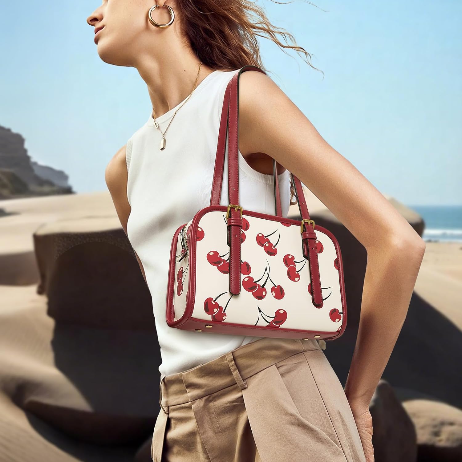 Shoulder Bag Red Purse for Women Leather Swing Bag Zip Handbag Burgundy Purse with Cherry Pendant - Image 2