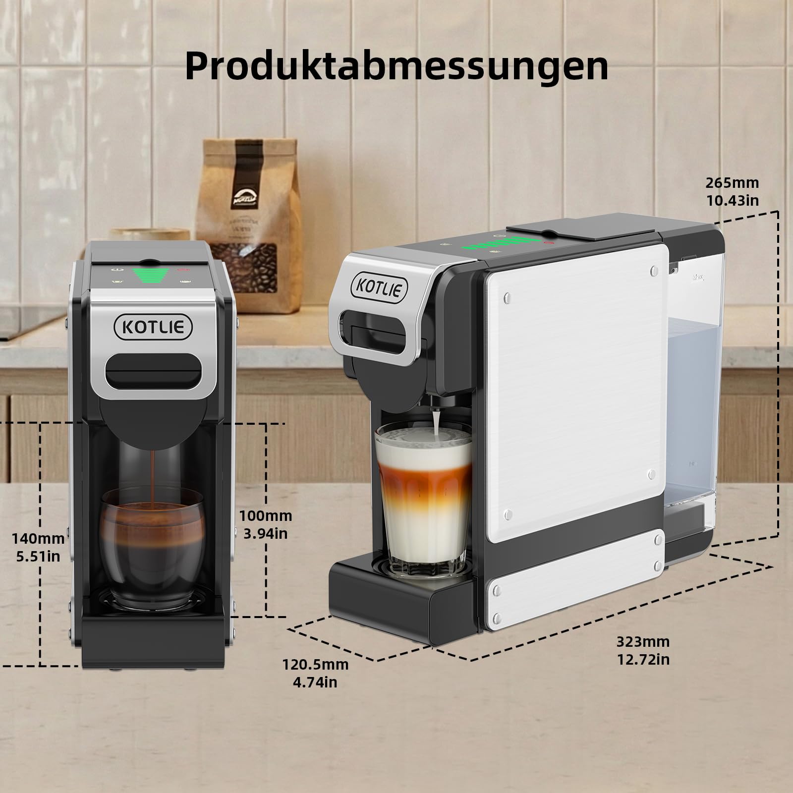 KOTLIE ST-550 Kapsel Kaffeemaschine, 4 in 1 Kapsel Kaffeemaschine für Nes Original/D*G/A MODO MIO und gemahlenen Kaffee, 7-stufige Wassermenge