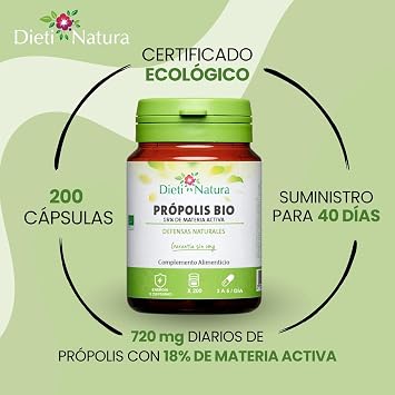 Dieti Natura Propolis BIO 200 Capsules 18% Active Matter - Pure Natural Propolis for Adult Immune Defenses - Antibacterial and Antioxidant Properties - Certified Beehive Product