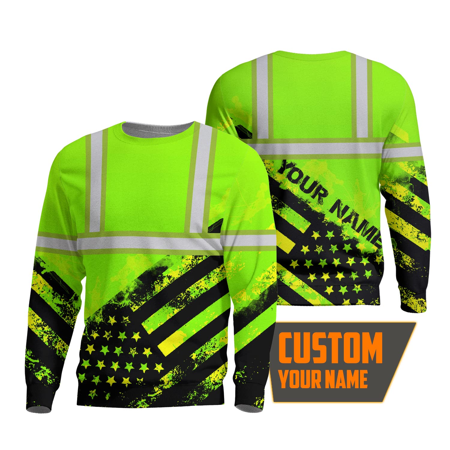 HiVis Custom Safety Shirt Green Neon US Flag Customize Name High Visibility Long Sleeve Shirt For Men Reflective Shirt Hi Vis Construction Workwear For Runners, Walkers, Trucker, Operator, Patriotic-L