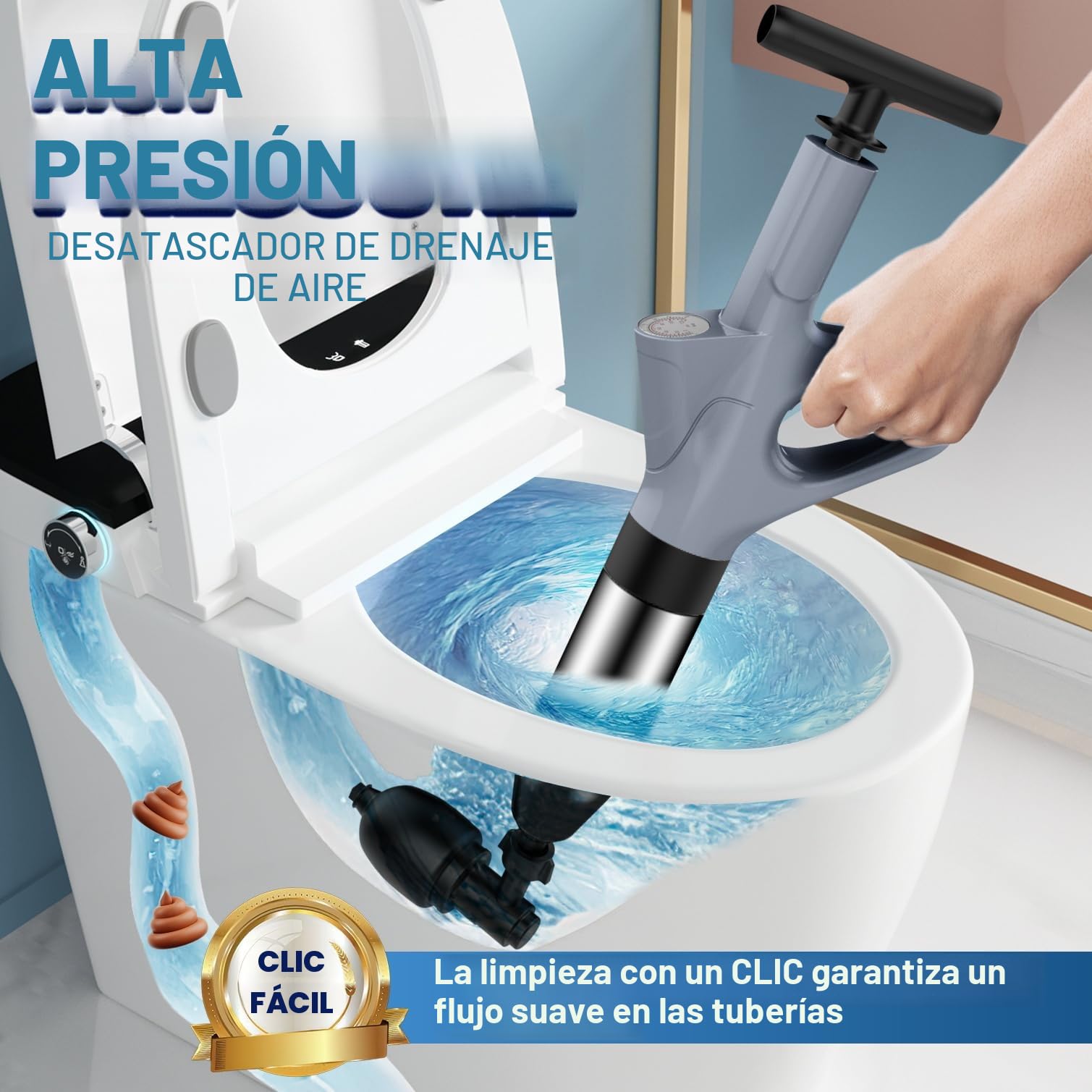 Desatascador tuberías profesional a presión, destapador de cañerías con manómetro visible, apto para WC, lavabos y fontanería del hogar