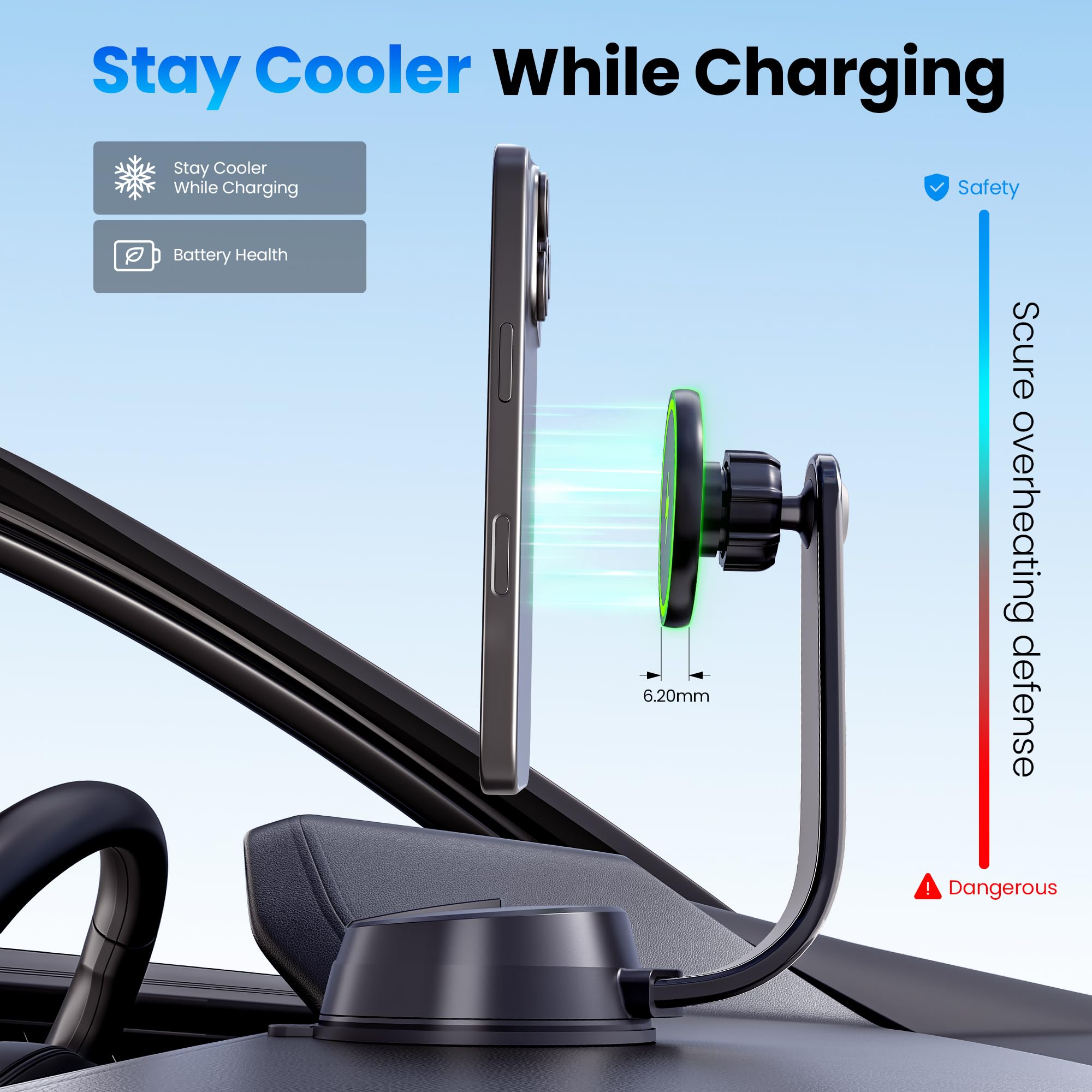 Upgrade [Certyfikat Qi2] 15 W do bezprzewodowego uchwytu ładowarki samochodowej MagSafe, szybkie ładowanie 2 x [bezpieczne ssanie 90 + LBS] magnetyczny uchwyt na telefon deska rozdzielcza