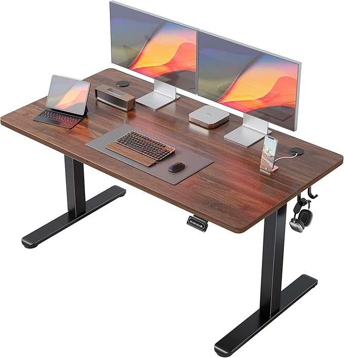 FEZIBO 55 x 24 Inchs Electric Standing Desk, Height Adjustable, Sit Stand Up, Computer Office Desk with Splice Board, Black Frame/Black Walnut Top