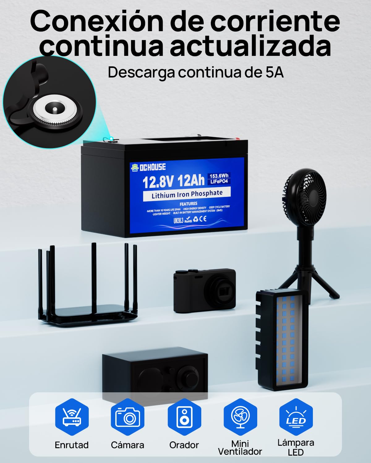 DCHOUSE 12V 12Ah LiFePO4 Batería de litio con 15A BMS, 10 años de vida útil, 10000+ ciclos, para Marina, Trolling Motor Fish Finder, Kayak, Power Wheels, UPS
