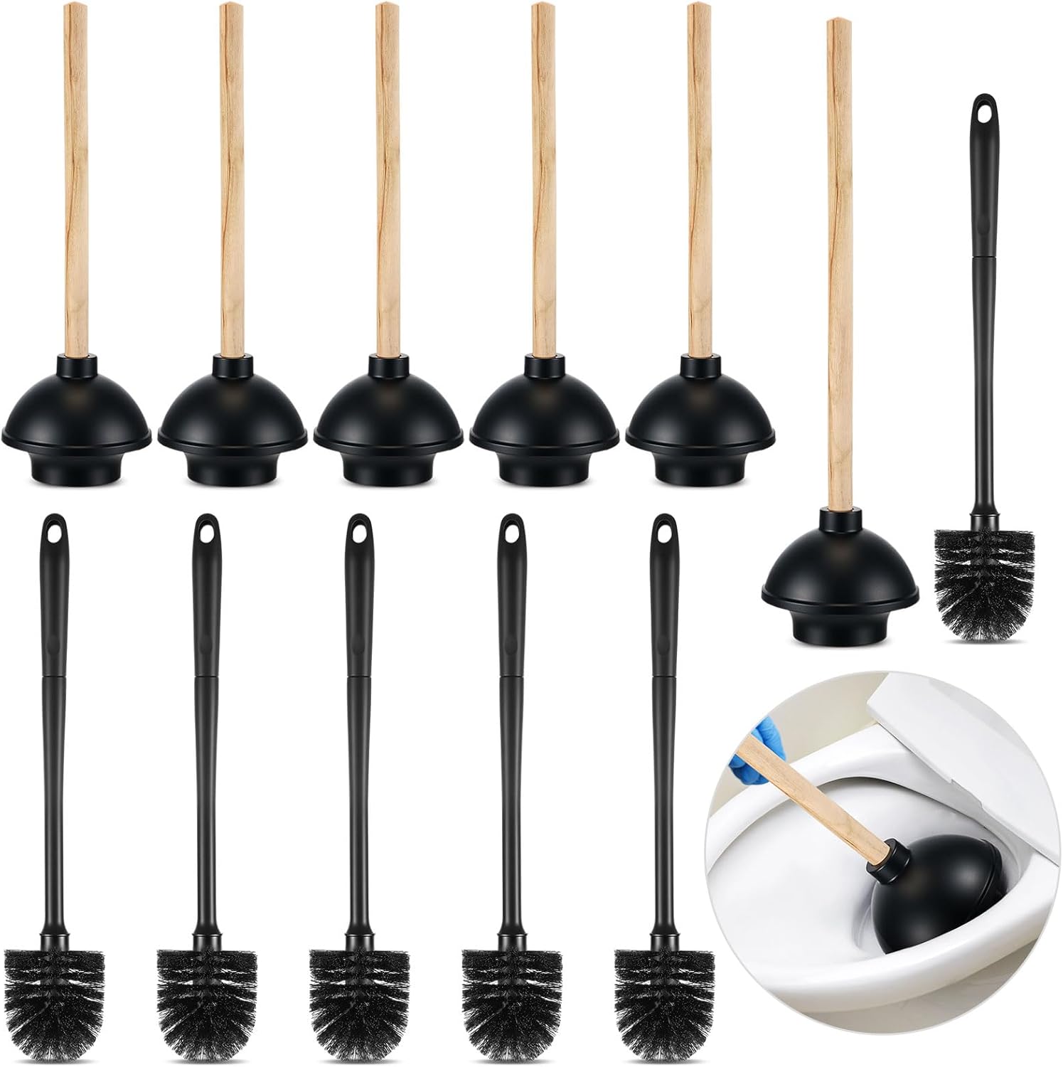 Sawysine 12 Pcs Toilet Plunger and Brush Set 6 Pack 18" Rubber Plunger with Double Thrust Force Suction Cup Wood Handle and 6 Pack 16.54" Toilet Bowl Brush Bulk for Bathroom Store Restaurant (Wood)