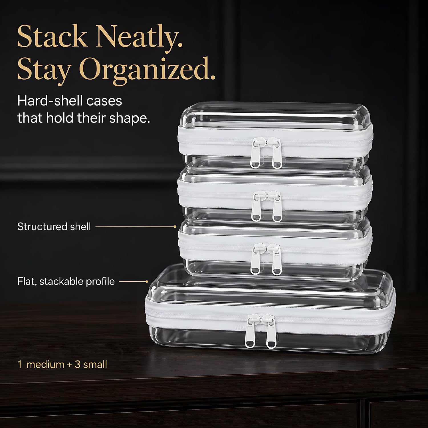 4 Pack Stackable Clear Hard Shell Organizer Cases, Waterproof Transparent Zipper Pouches for Makeup, Toiletries, Diaper Bag & Travel Essentials, 1 Medium + 3 Small