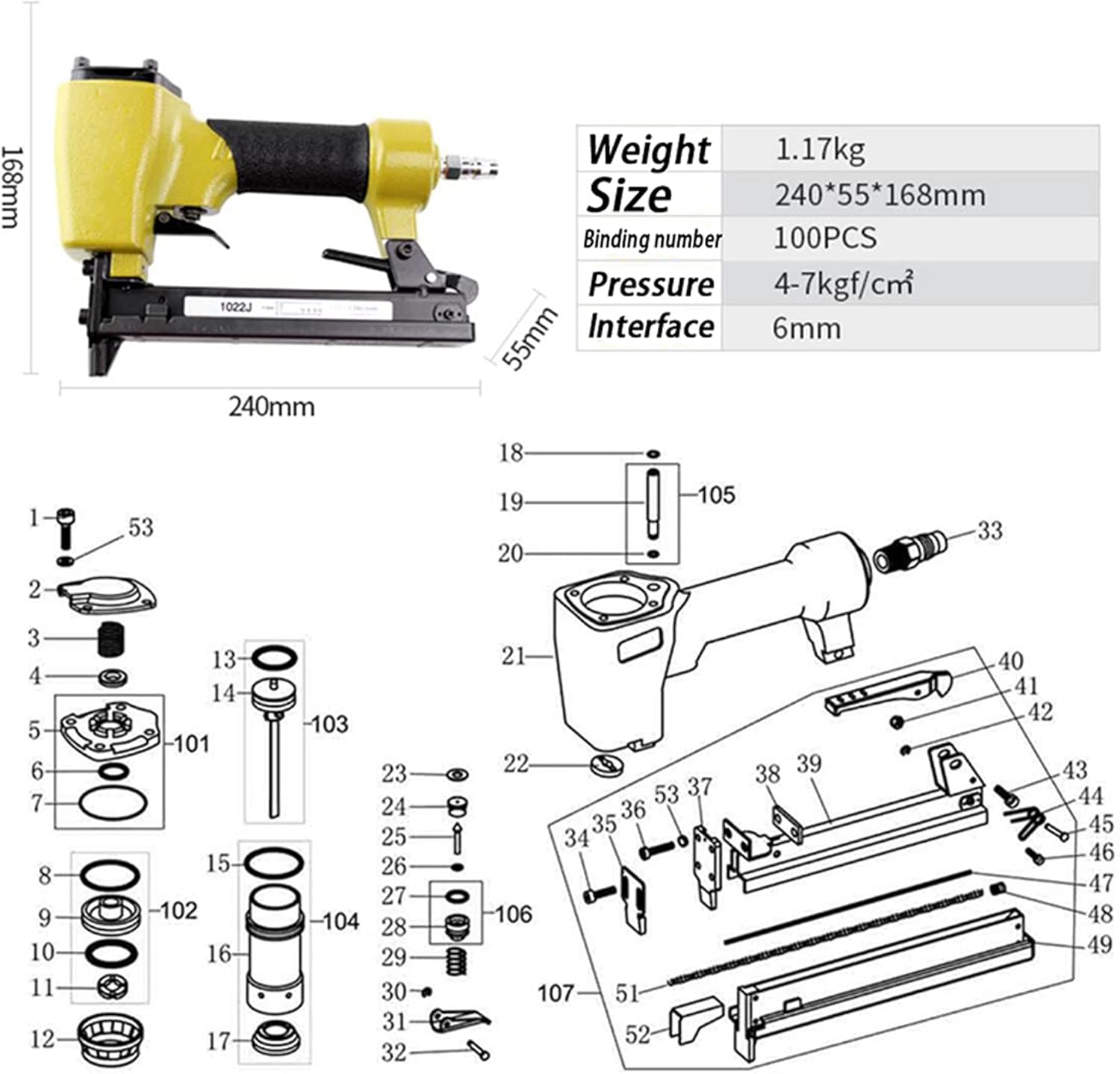 1022J Upholstery Stapler Light Weight Bottom Load Jam Free Magazine for The Production of Joinery