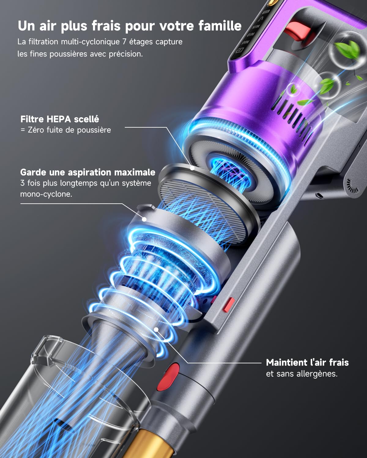 Aspirateur Balai sans Fil 680W/55KPA 75 Minutes Autonomie, Aspirateur sans Fil Puissant avec Écran Intelligent aspirateur Balai Puissant pour Les Poils d'animaux/Tapis/Sols Durs, 2026 Dernier Modèle