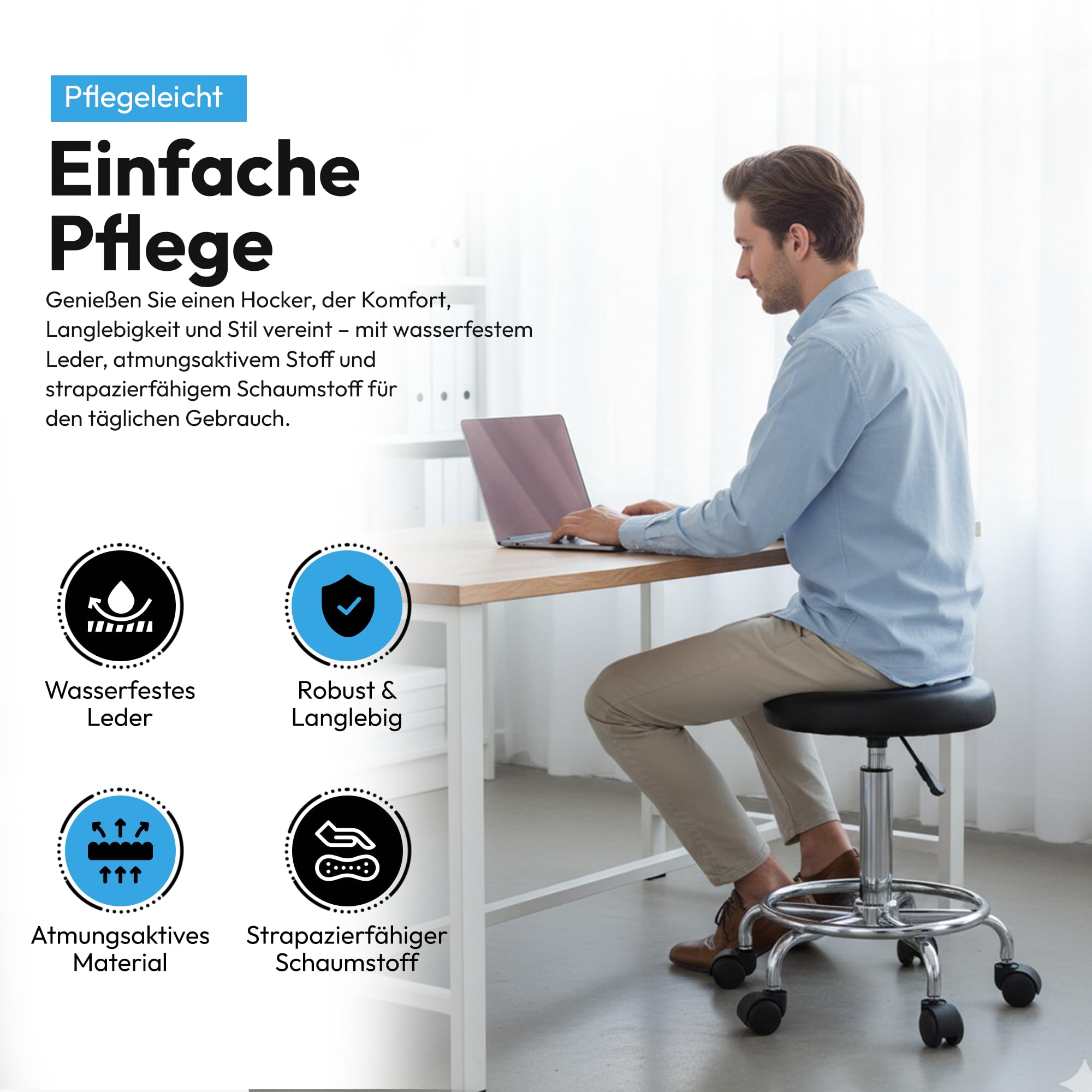 GOODS+GADGETS Ergonomie rollbarer Arbeitshocker Drehhocker Barhocker Praxishocker Rollhocker höhenverstellbar, schwarz