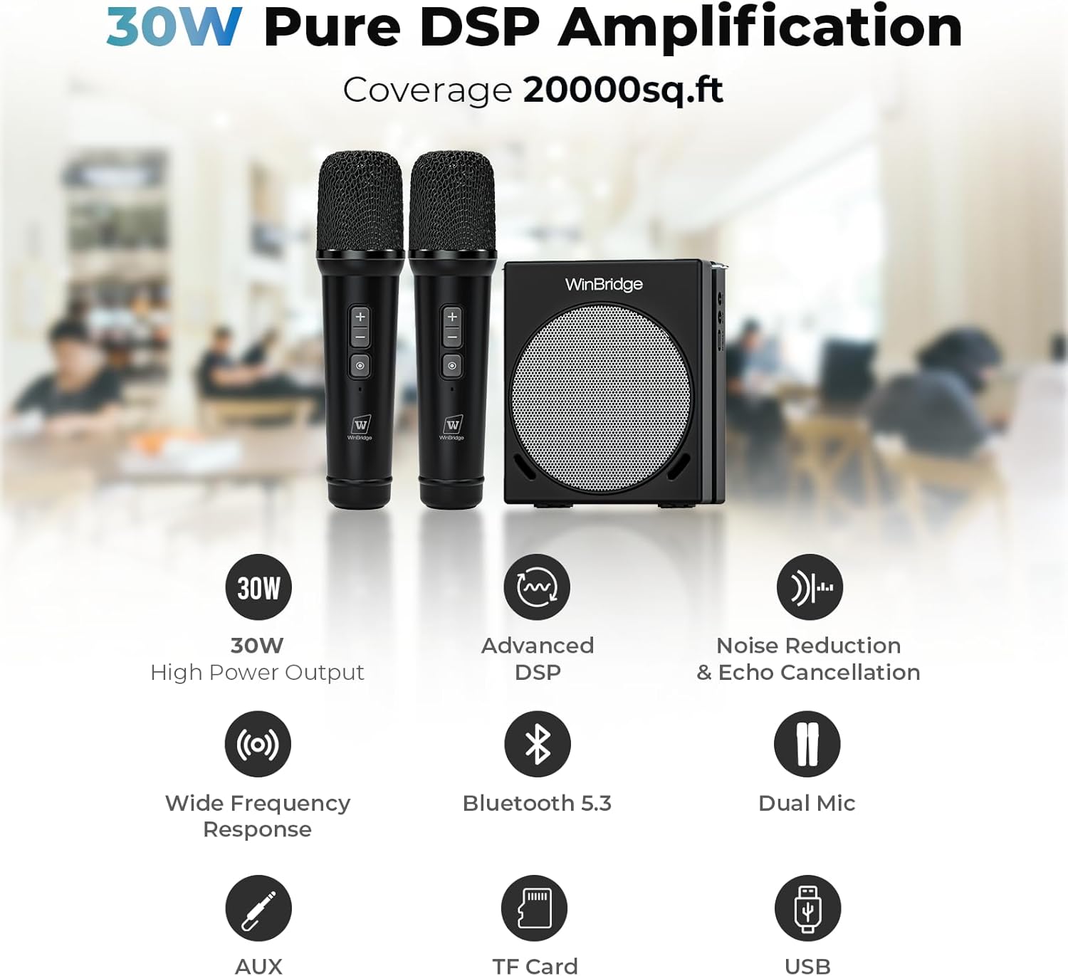 Portable Microphone & Bluetooth Microphone System with Speaker, WinBridge S90 30W Voice Amplifier PA System with 2 Wireless Handheld Mics for Teachers, Tour Guide, Clear Sound - Image 2