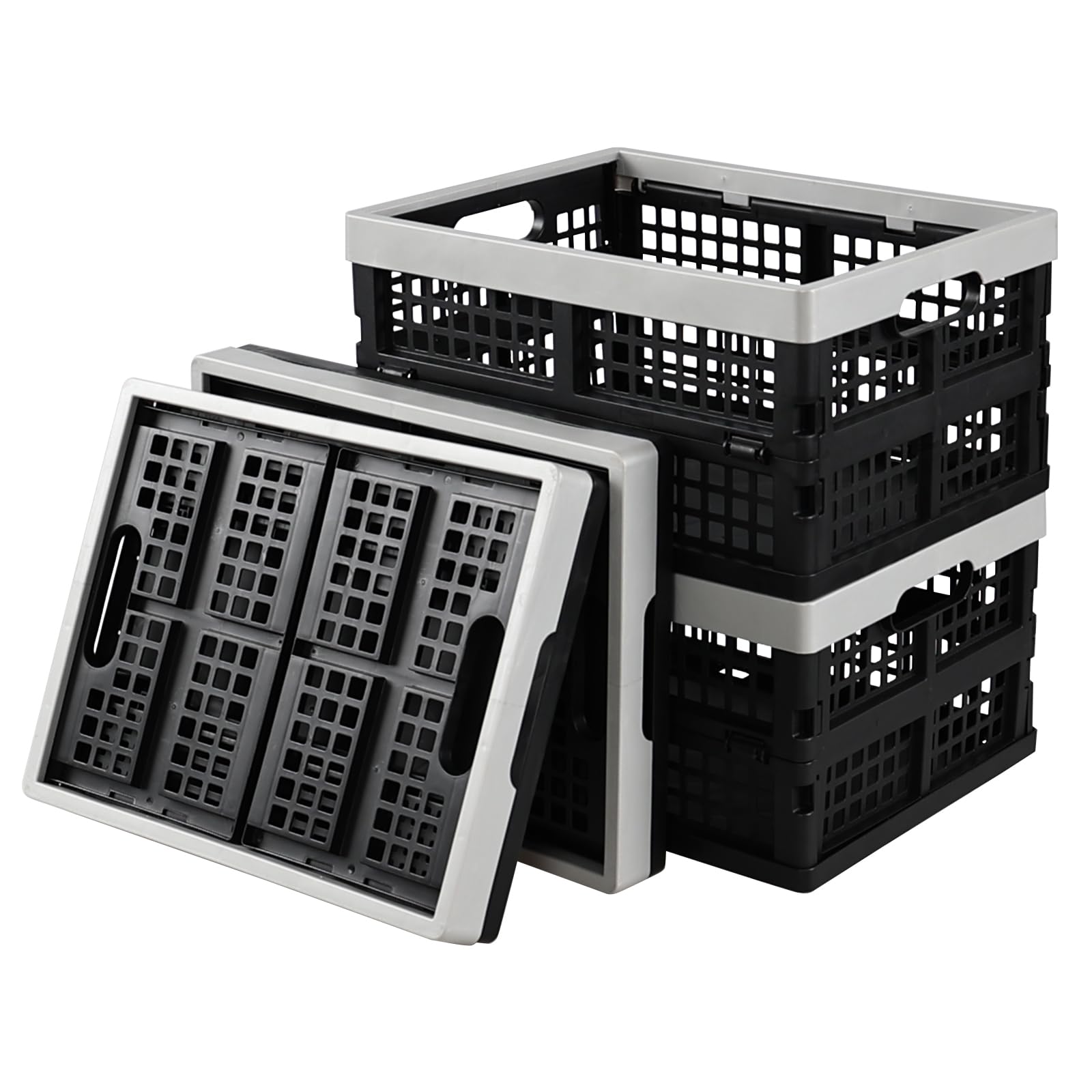 Vareone 15L Multipurpose Foldable Stacking Crates, Plastic Collapsible Storage Baskets for Kitchen, Office, 4 Pack(Black)