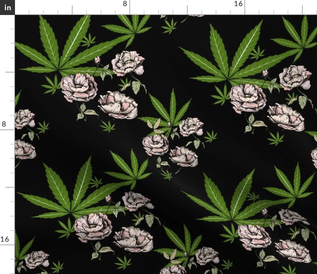 Spoonflower Fabric - Cannabis Floral Marijuana Peony Pot Leaf Printed on Petal Signature Cotton Fabric by The Yard - Sewing Quilting Apparel Crafts Decor