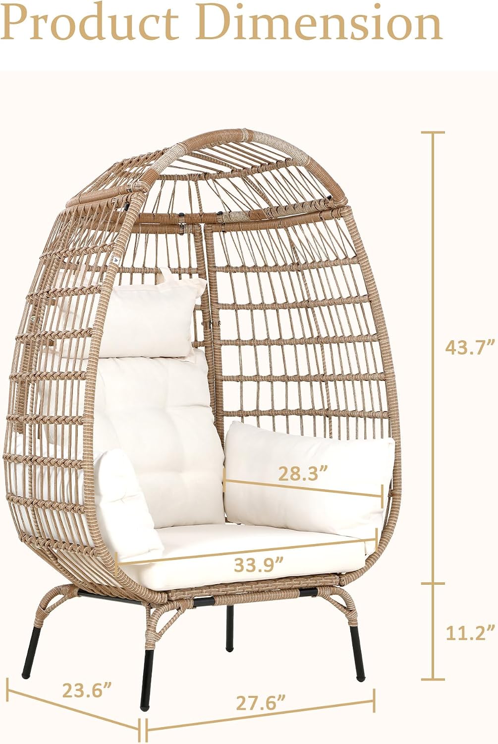 Outdoor Egg Chair,PE Rattan Chair with Weatherproof Pads,Oversized Patio Lounge Chair for Outdoor,352 Pound Capacity Steel Frame Egg-Shaped Chair,Stand Comfy Cozy Lounge Seat for Indoor Balcony,WHITE