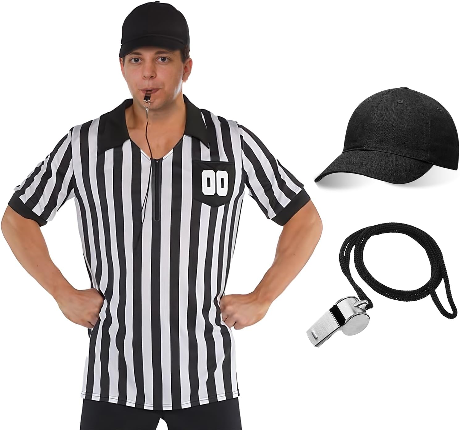Men Referee Shirt Black and White Stripe Umpire Jersey Halloween Referee Costume with Hat Whistle for Football Soccer One Size