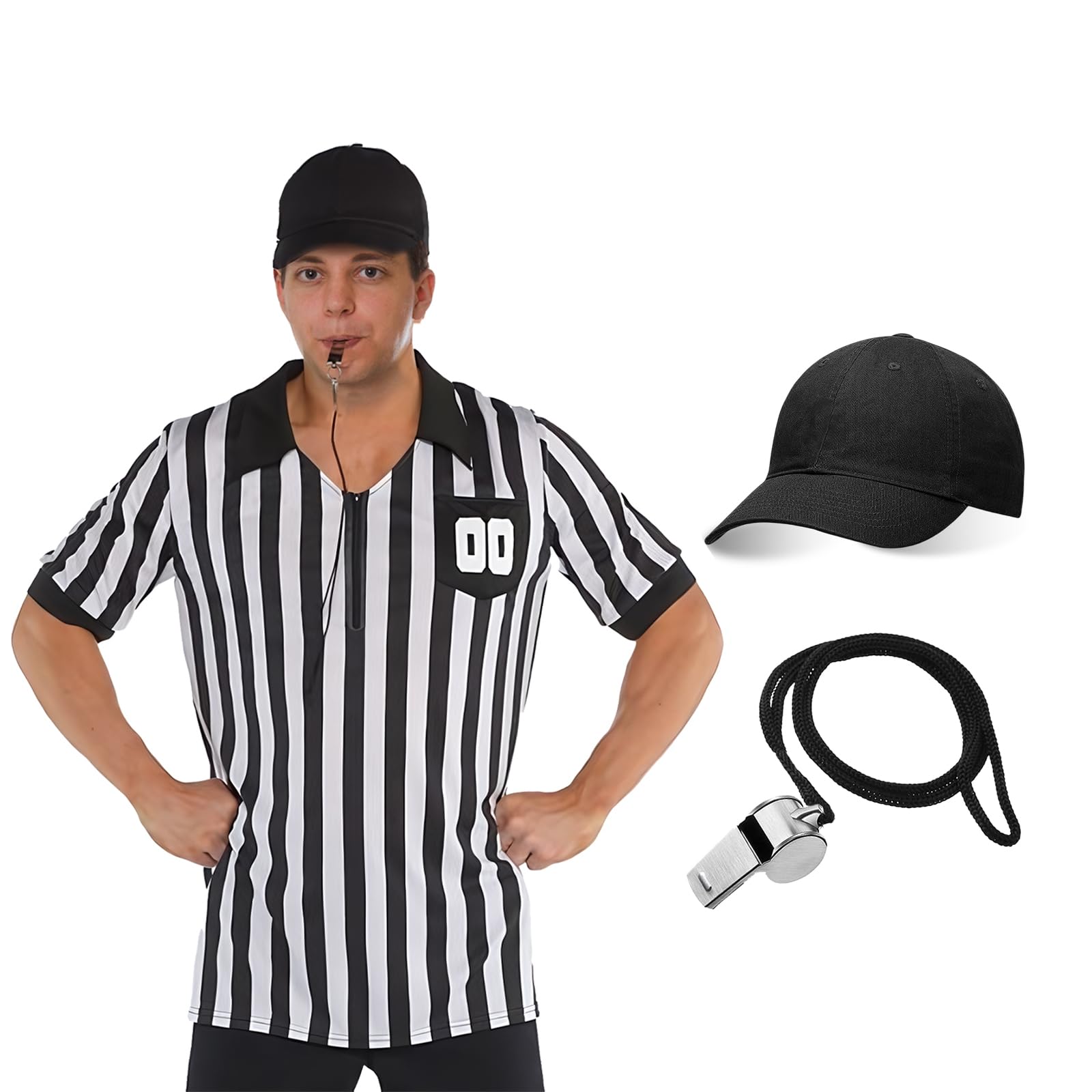 Men Referee Shirt Black and White Stripe Umpire Jersey Halloween Referee Costume with Hat Whistle for Football Soccer One Size