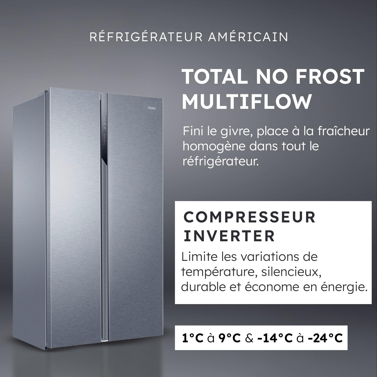 Haier - Réfrigérateur Américain - 2 Portes - Classe Énergétique E - Technologie Total No Frost Multi Air Flow - Inox - 337L + 191L (Congélateur) - 177,5 x 90,8 x 64,7 cm - Modèle HSR3918ENPG