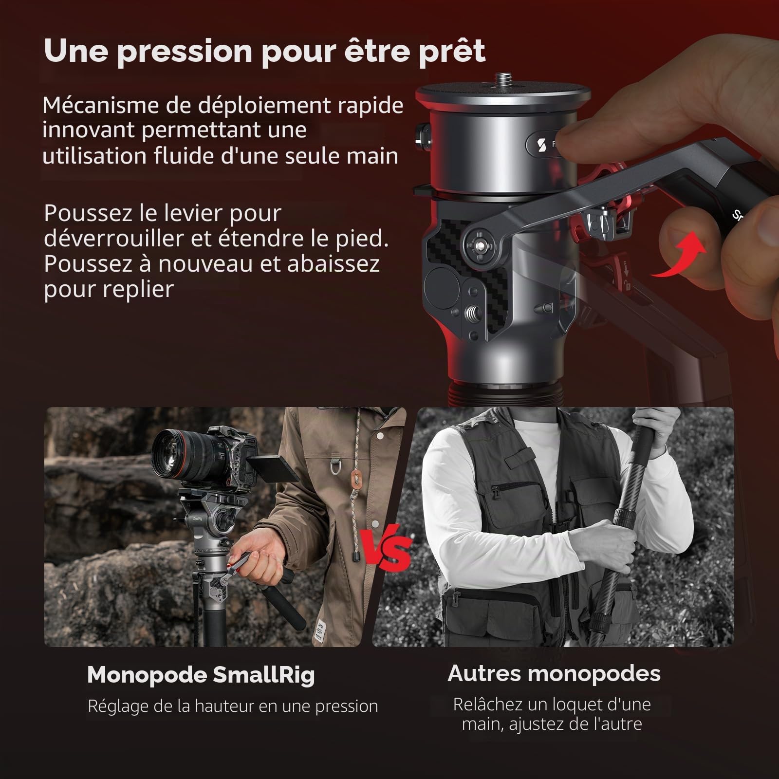 SMALLRIG 175cm Trépied Carbone Monopode Tête Fluide 1 Bouton 5kg - 5565 | Fibre carbone, Levage verrouillage 1 bouton, Tête fluide, pour DJI RS, MFT 501L
