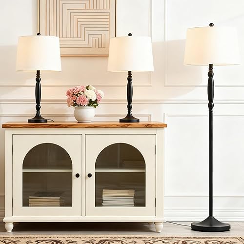 Maxax Juego de 3 lámparas de mesa y lámpara de pie, lámparas tradicionales con pantalla de tela de lino blanco para sala de estar, dormitorio, sala