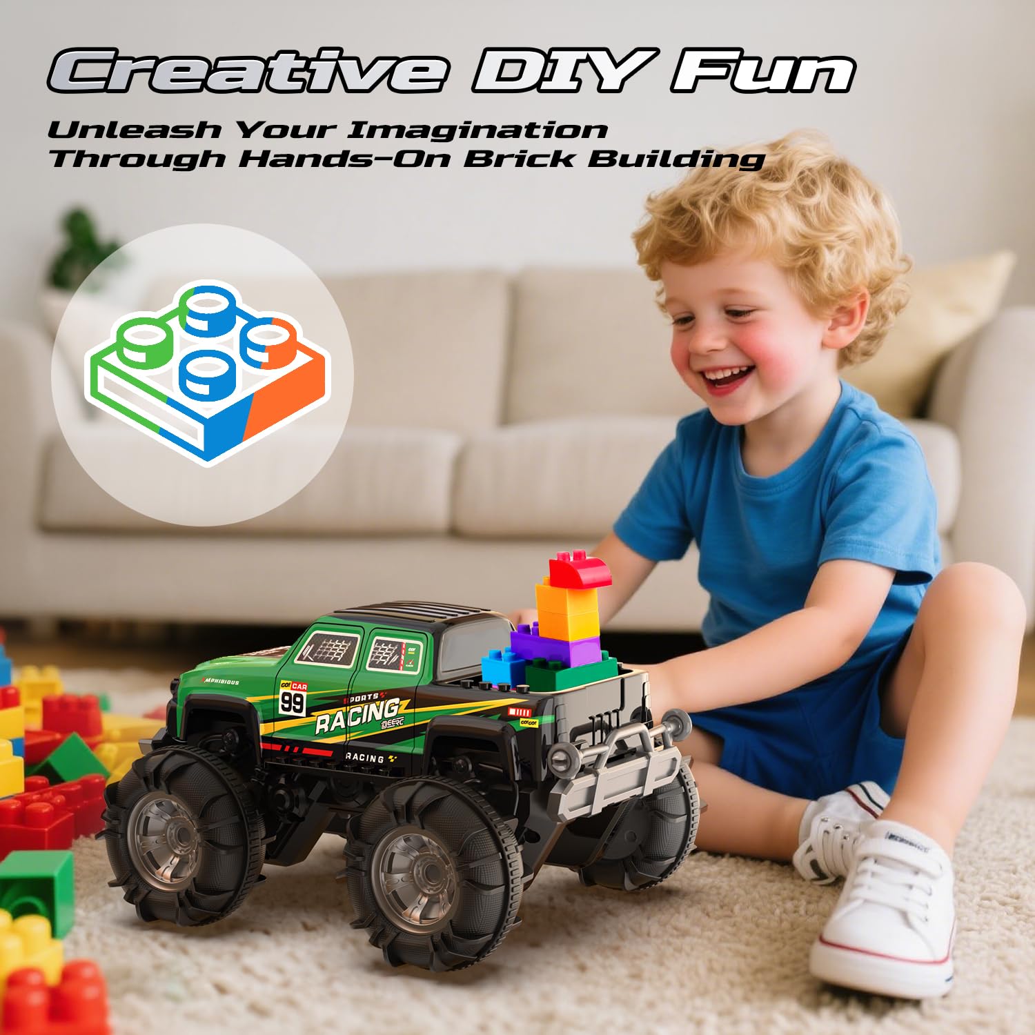 DEERC Monster Truck/Bateau RC Amphibie, Voiture Télécommandée étanche IPX7 avec Détection de Mouvements, Voiture RC 4 Roues Motrices 2,4 GHz avec Rotation à 360°, Lumière Fluide, Cadeaux pour Enfants
