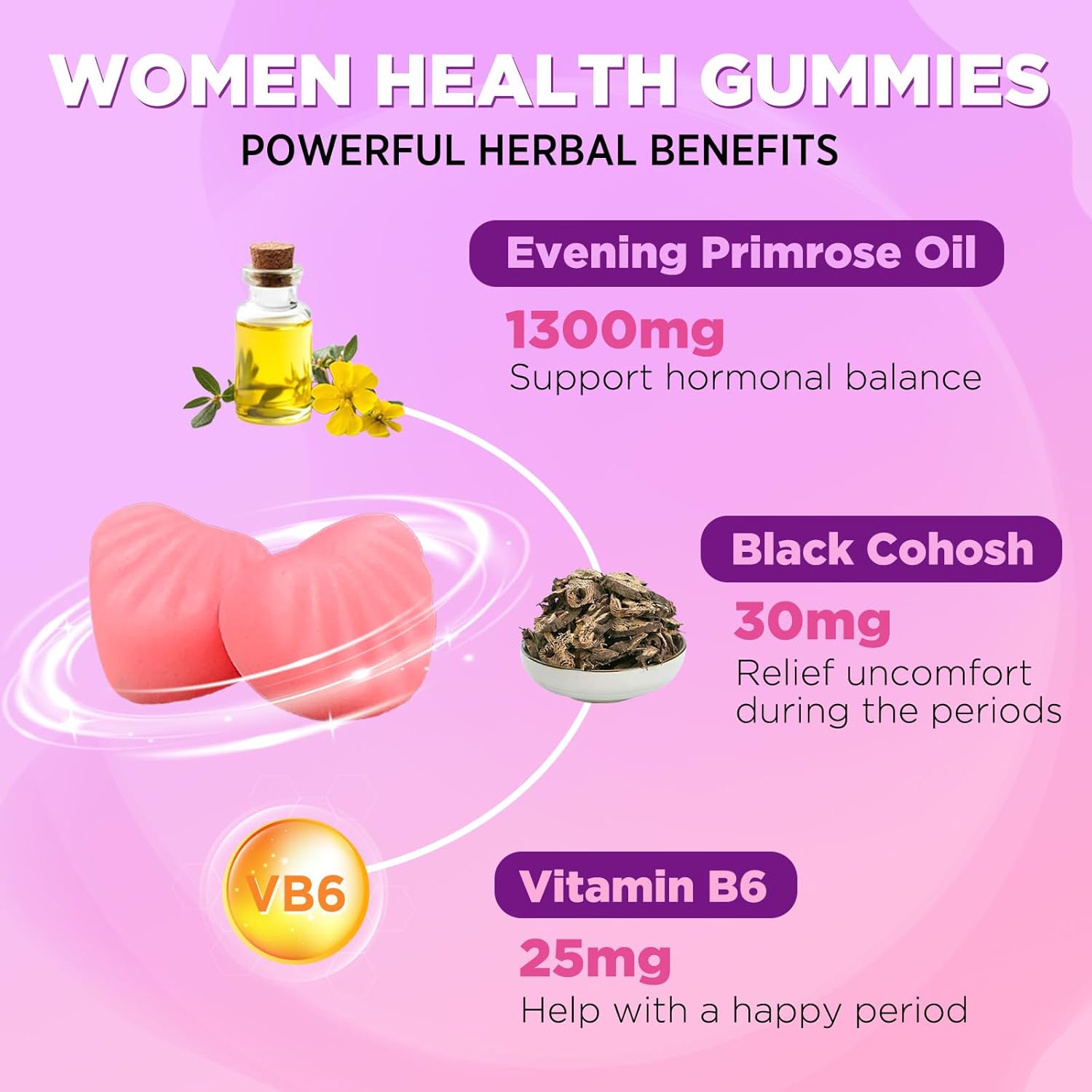 Evening Primrose Oil Gummies 1300mg with Black Cohosh & Vitamin B6, Sugar-Free, PMS Relief Supplements for Women 20-45, Chewable PMS Gummies, Strawberry Flavor, Vegan, Pectin, 120 Count