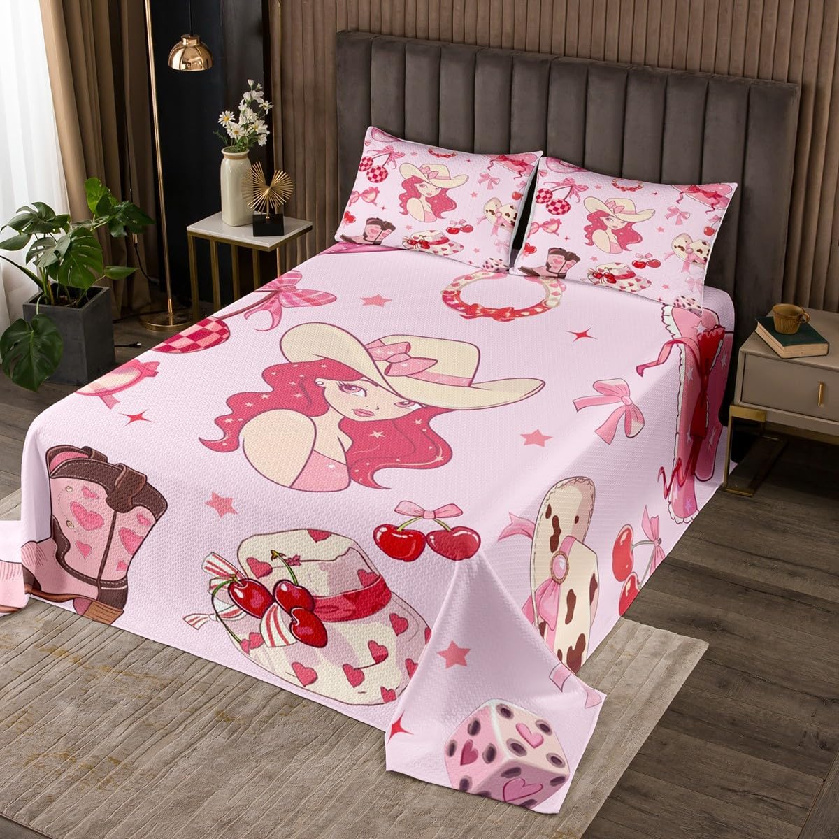 Homewish Southwestern Cowgirl Pink Bedspread Queen Size,Cherry Bowknot Princess Theme Bedding Set for Kids Boys Girls Room Decor,Star Love Printed Quilt 3Pcs,Cowboy Boot Coverlet Set,2 Pillowcases