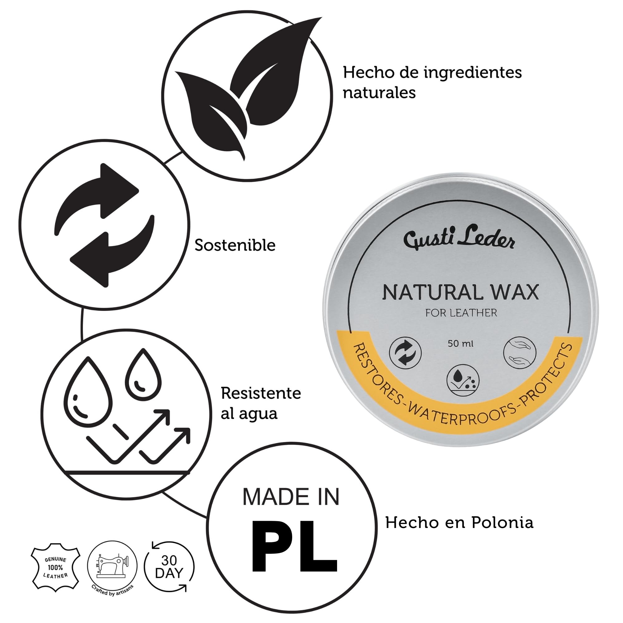 Gusti Leder Natural Wax - Cera de abejas para el cuidado del cuero para sofá, bolsos, zapatos y coche - grasa para cuero para brillo, protección y suavidad