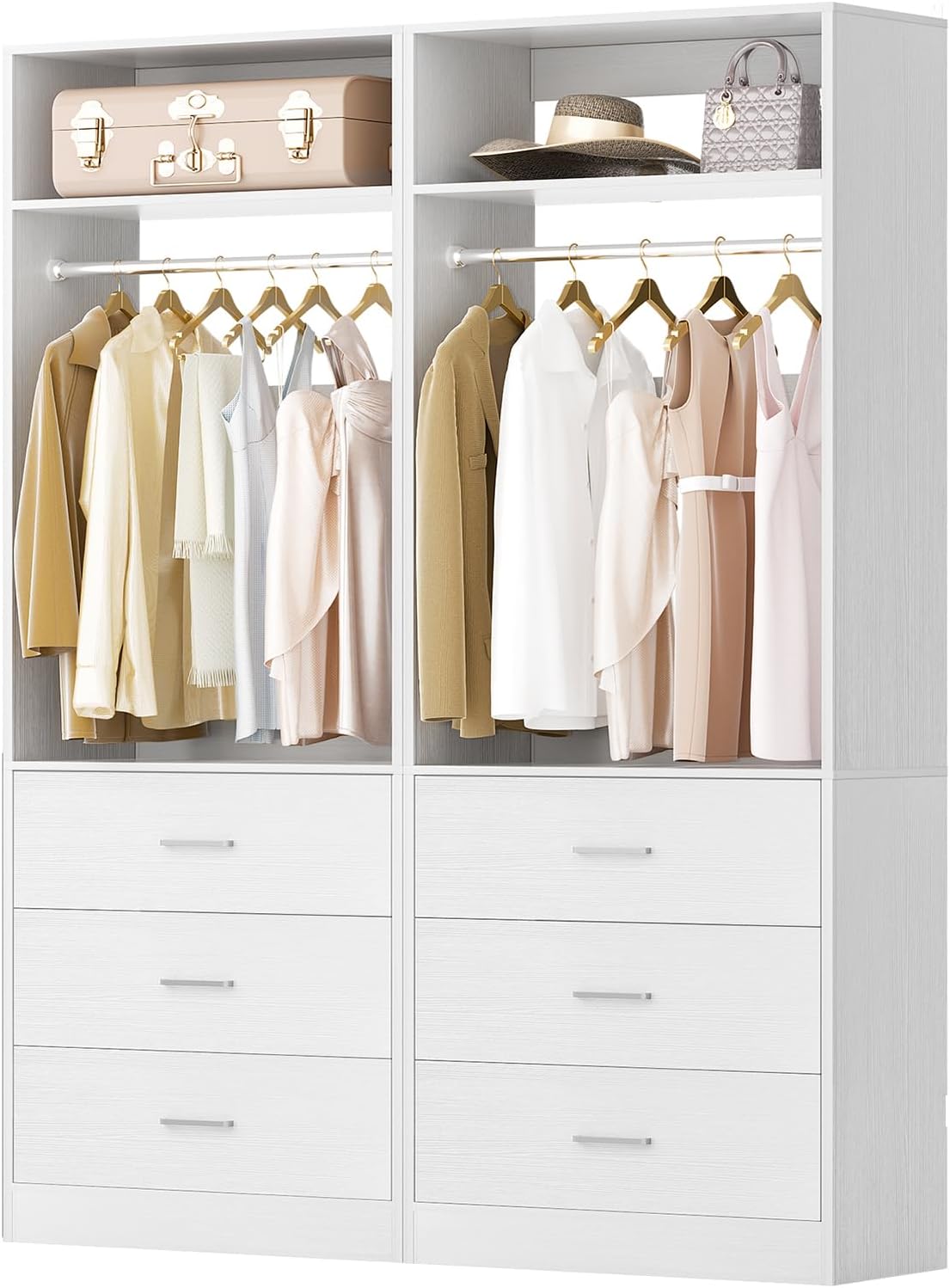 Besiost 48" Closet Organizer Set of 2 with 6 Wooden Drawers, 2 Hanging Rods & Shelves, Heavy Duty White Walk-in Closet System (48x15x80")