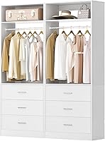 Besiost 48" Closet Organizer Set of 2 with 6 Wooden Drawers, 2 Hanging Rods & Shelves, Heavy Duty White Walk-in Closet System (48x15x80")