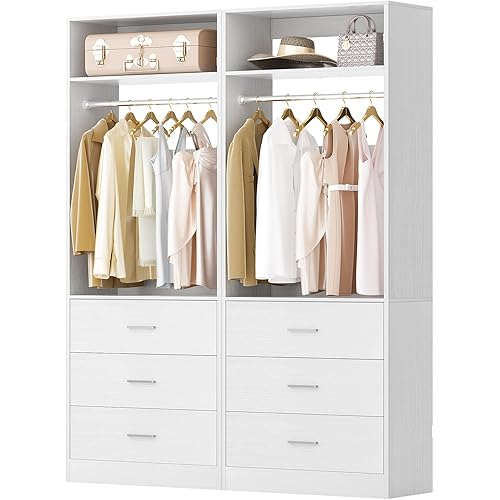 Closet System Set of 2, 4FT Closet Systems with 6 Wood Drawers, 48" Closet Organizer System with 2 Hanging Rods & 2 Shelves, Heavy Duty 48 Inch Walk-in Closet , White (48"L x 15" W x 80" H)