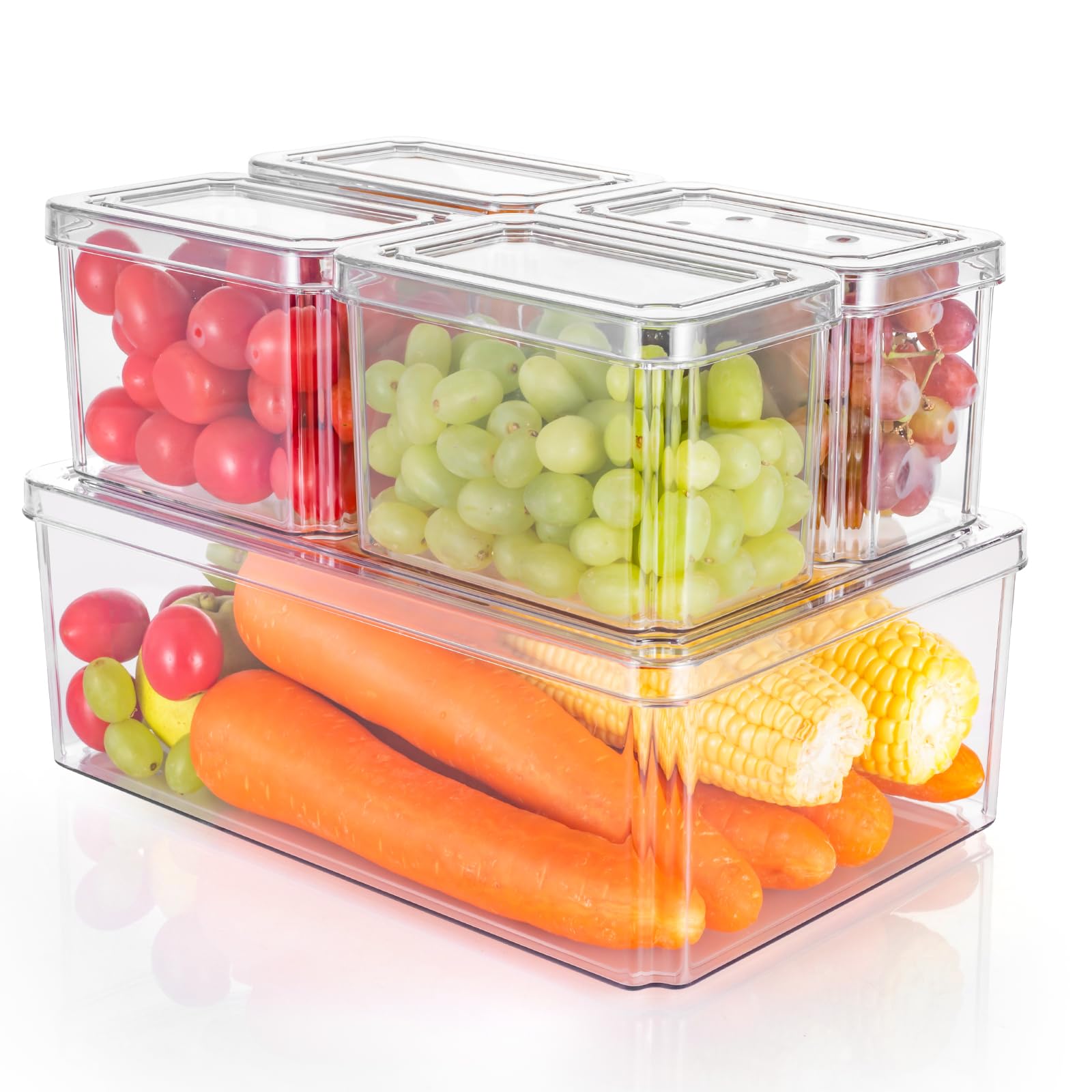 Dyserbuy Transparent Set Of 5 Fridge Organisers With Lids, Clear Fridge Storage Containers, Stackable Kitchen Storage Boxs To Keep Fresh For Fruits, Vegetable, Suitable For Freezer, Pantry, Cabinet
