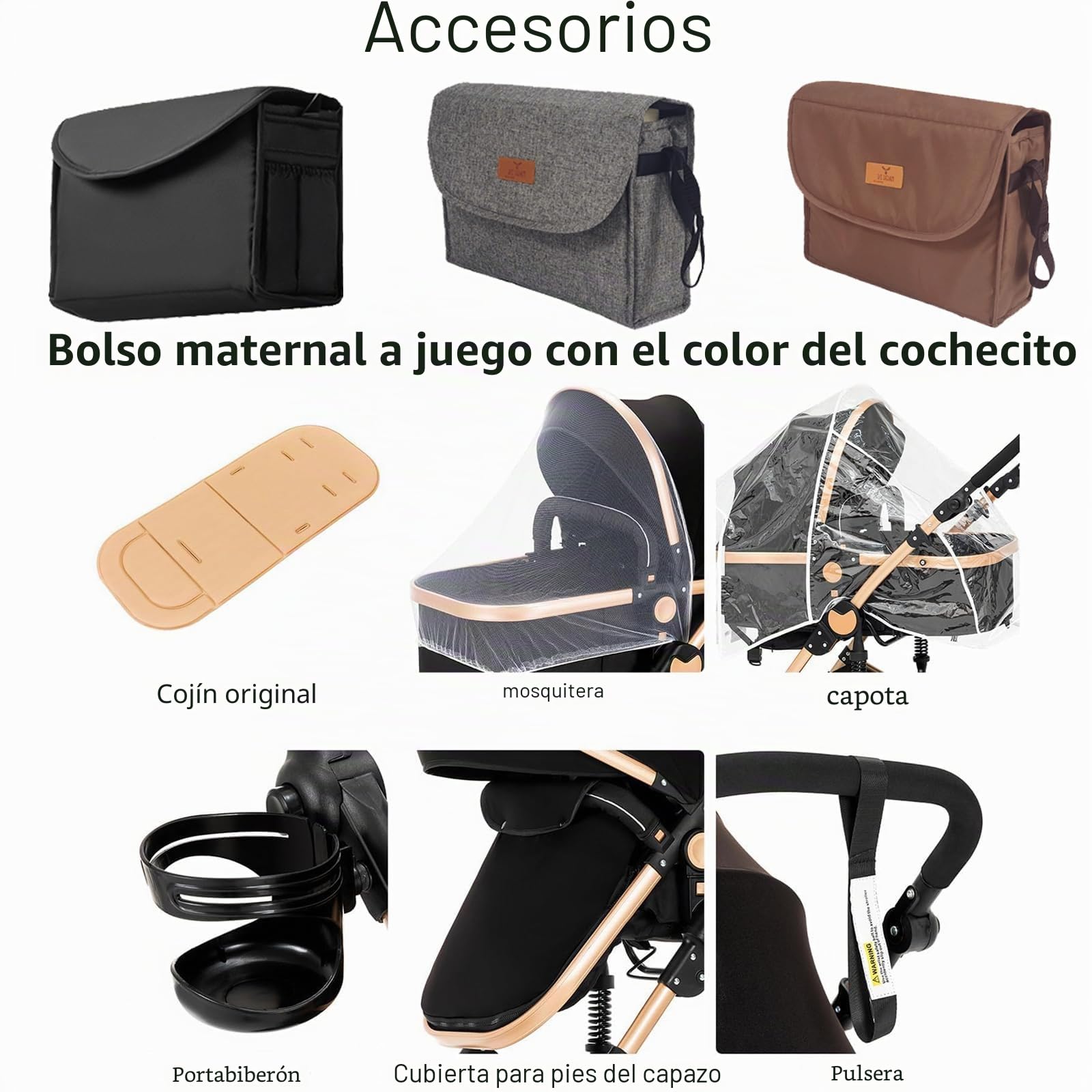 Carrito Bebe 3 en 1, Carrito Bebe con Diseño Portátil Plegable de Un Clic, Carro de Bebe 3 Piezas con Empuje Reversible de Dos Vías, Cochecito Bebe 3 Piezas con Accesorios (588 Black Gold)
