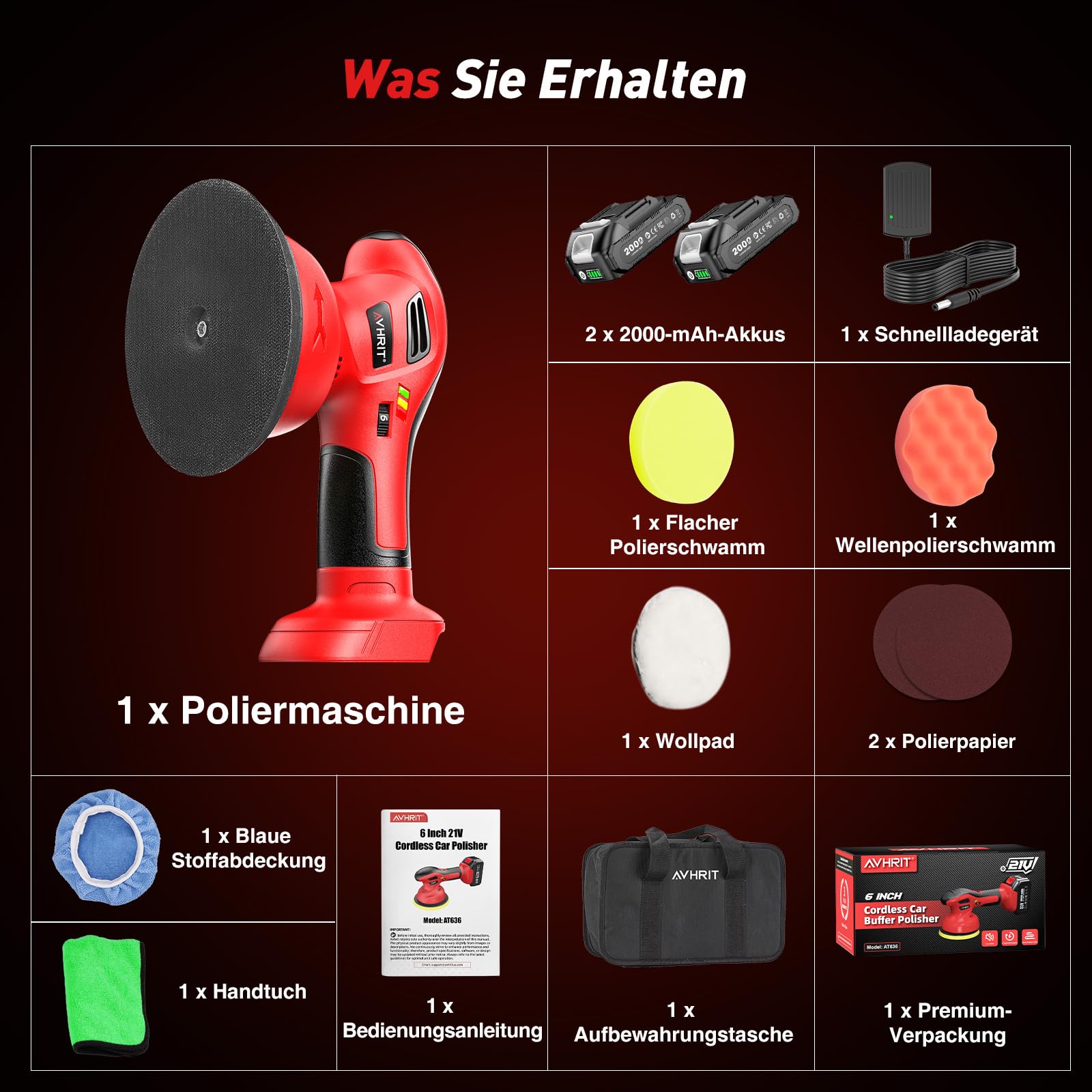 Cordless Buffer Poliermaschine Auto Akku, 2x2000mAh Batterie (Bis zu 6000 U/min) Poliermaschine Auto, 6'' Autopolierer, 8 mm Exzenter-Poliermaschine für Auto-und Bootspflege, Polieren Wachsen