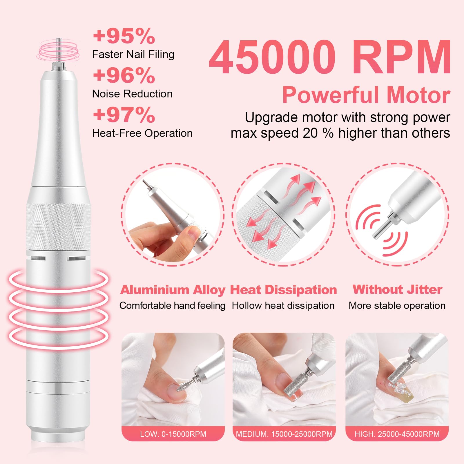 Taladro de uñas eléctrico de 45000 rpm, recargable, portátil, lima de uñas eléctrica con pantalla LCD inteligente para manicura de uñas de gel y pedicura, cuerpo reflectante, etc. (blanco)
