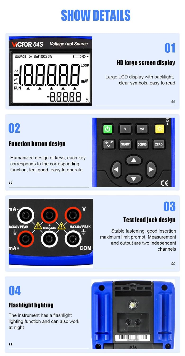Detaljeret view of VICTOR 04S features including HD screen, function buttons, test lead jacks, flashlight, and battery compartment.
