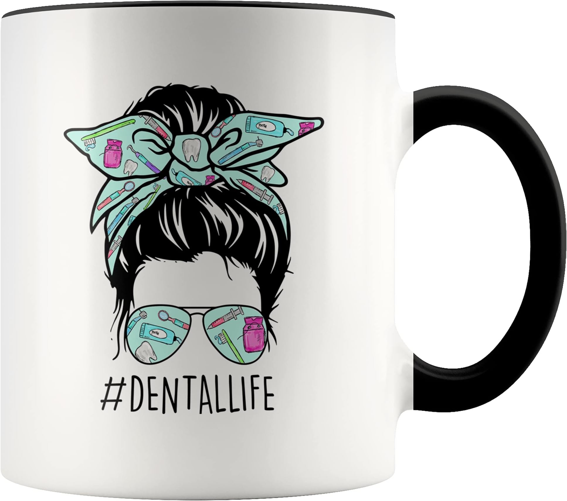 YouNique Designs Dental Life Coffee Mug, 11 Ounces, Dental Hygienist Mug, Dental Hygiene Cup for Women, Dentist Coffee Mug, Dental Cup for Women (Black Handle)